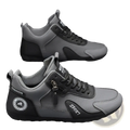 Men’s side zipper athletic running shoes in gray and black with mesh panels and synthetic leather overlays