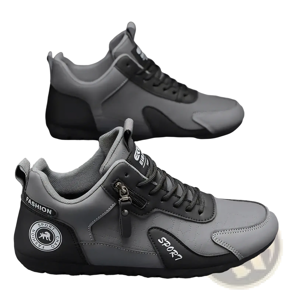 Men’s side zipper athletic running shoes in gray and black with mesh panels and synthetic leather overlays