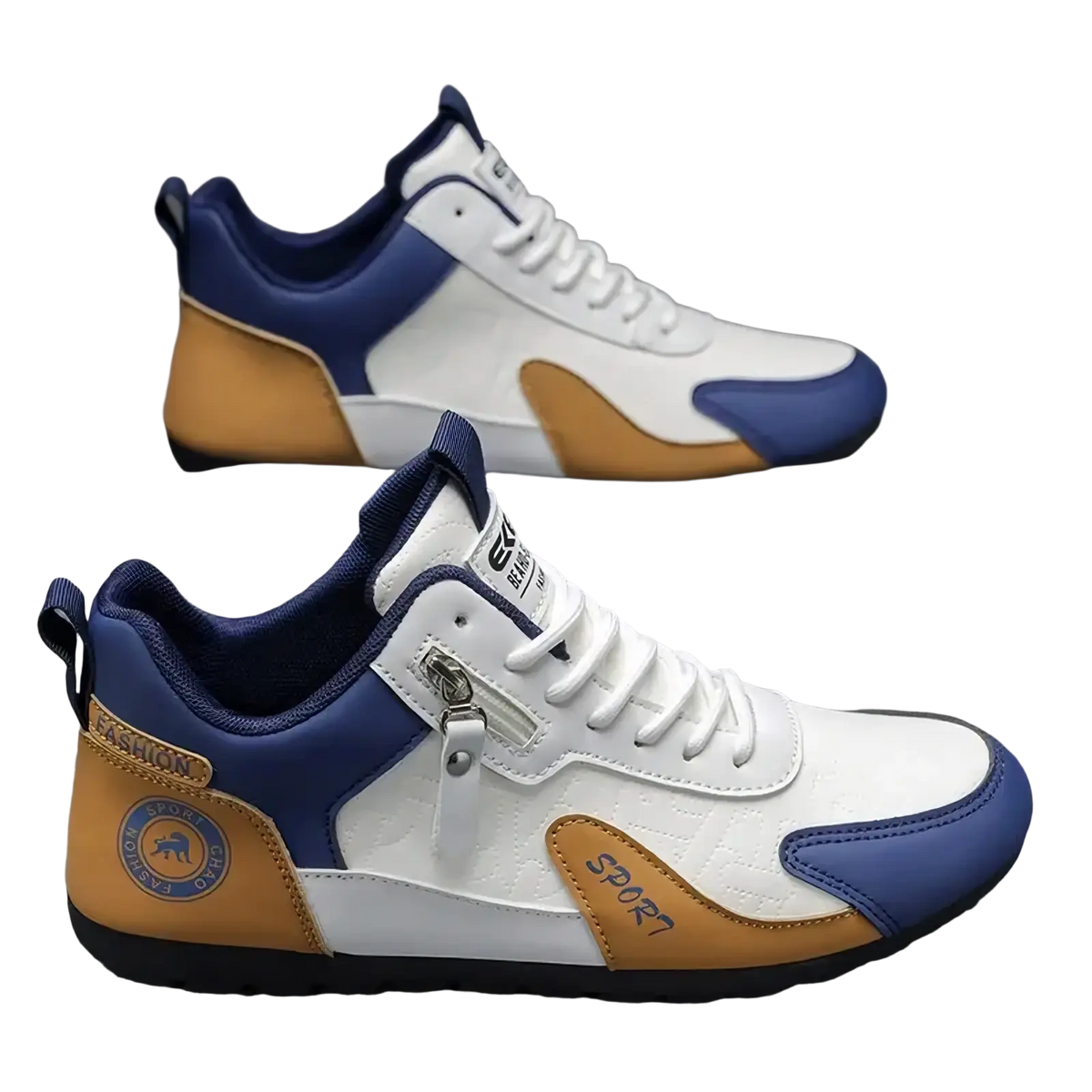 Men’s side zipper athletic running shoes in white blue and tan color block design with zipper detail on the side