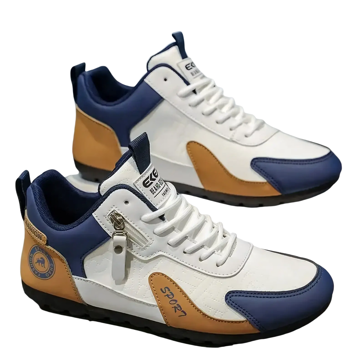 Men’s side zipper athletic running shoes in white navy blue and tan high-top design with sport branding