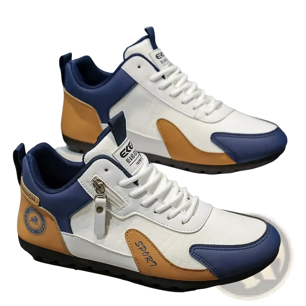 Men’s side zipper athletic running shoes in white navy blue and tan high-top design with sport branding