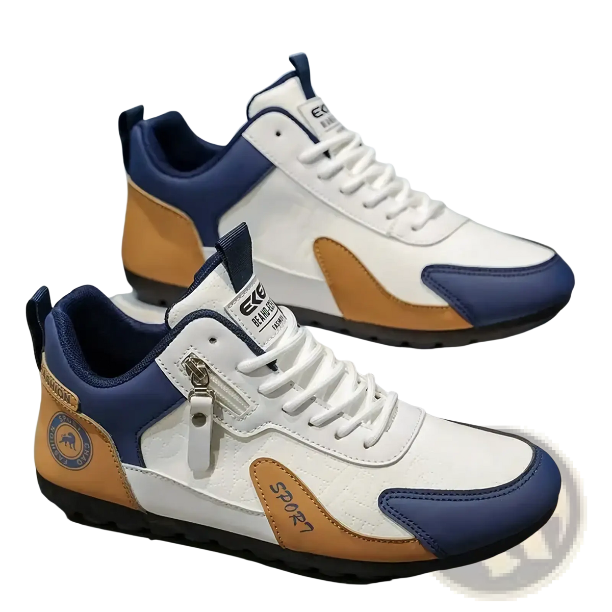Men’s side zipper athletic running shoes in white navy blue and tan high-top design with sport branding