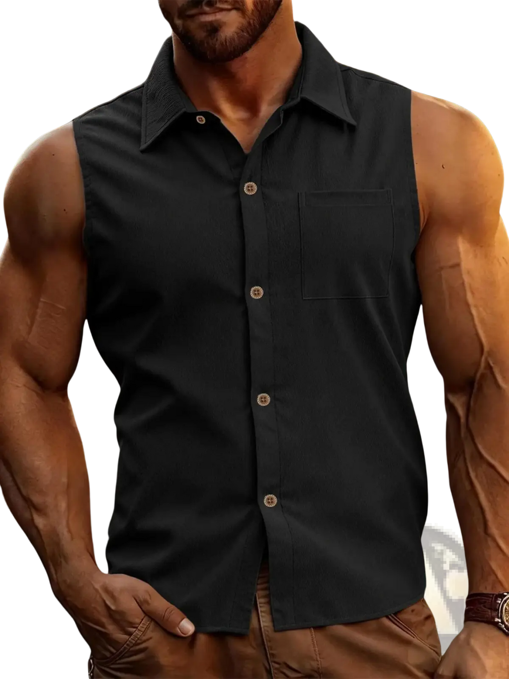 Mens sleeveless corduroy button up shirt in black with collar chest pocket and light-colored buttons