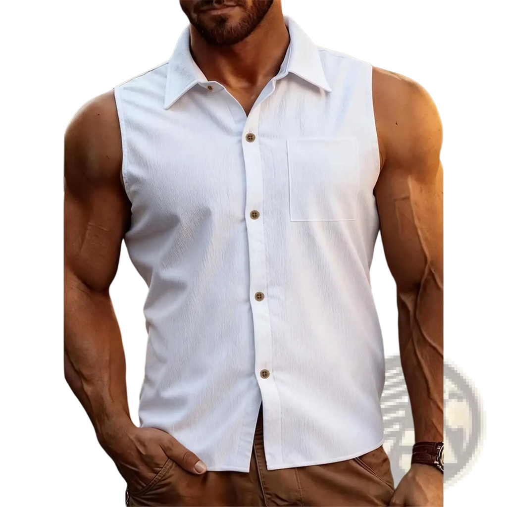 Mens sleeveless corduroy button up shirt in white with a subtle textured weave and gold toned buttons