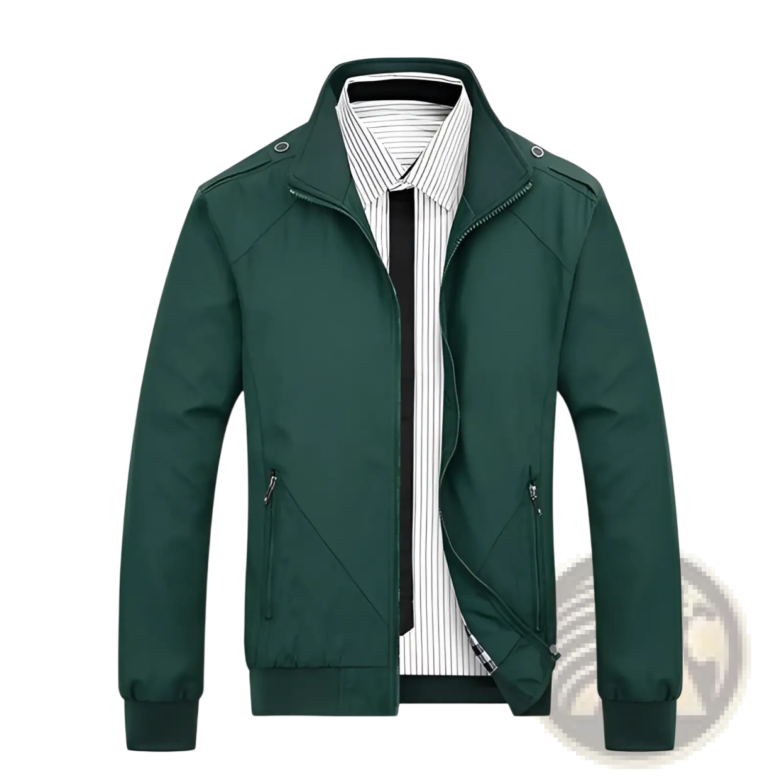 Men’s dark green slim bomber jacket with stand-up collar, front zipper, and side pockets designed for lightweight casual wear