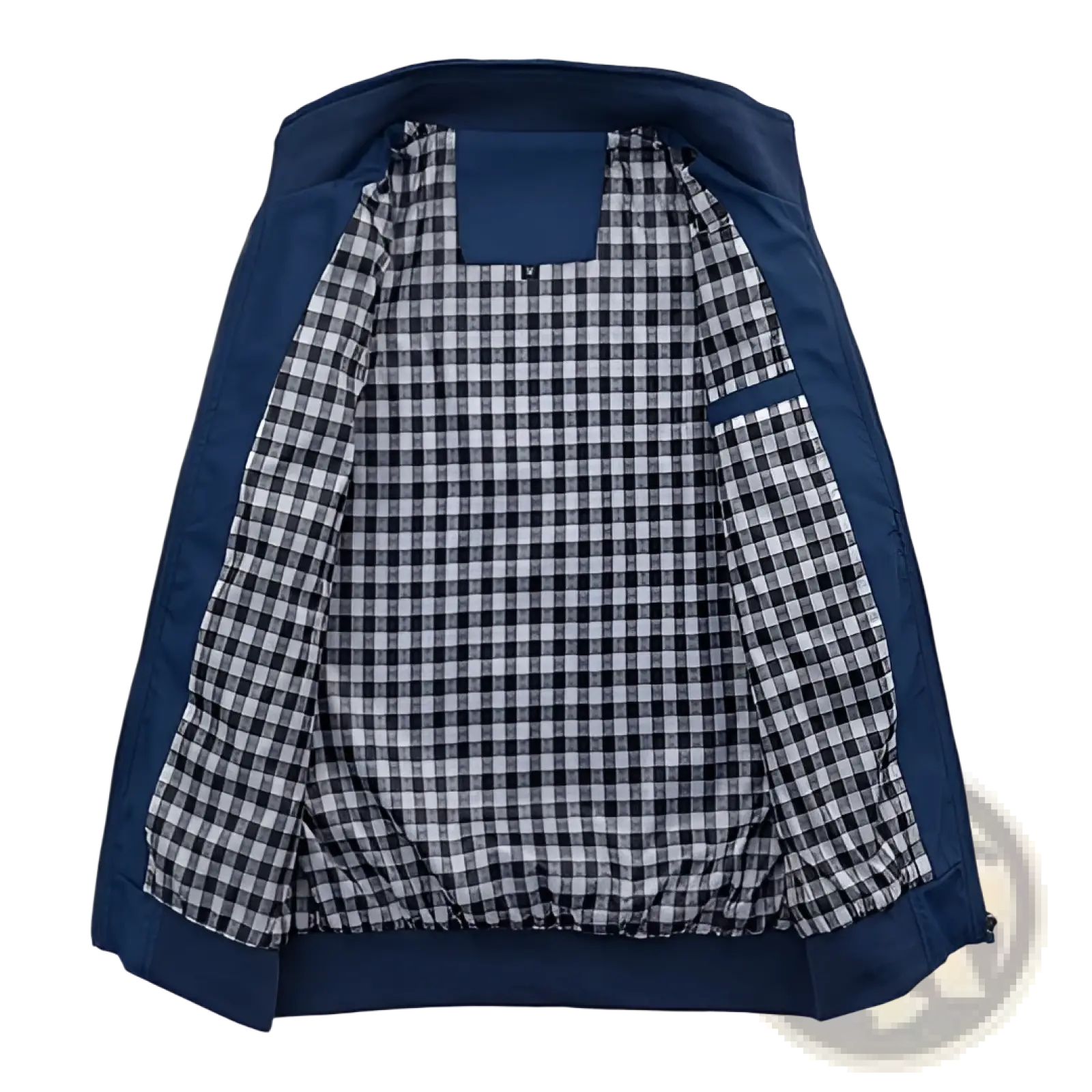Men’s slim bomber jacket with blue and white checkered pattern and navy blue lightweight outer fabric for casual wear