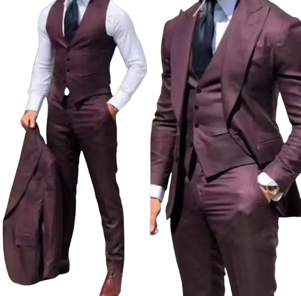 Men’s slim fit 3-piece tuxedo suit in maroon with tailored fit, subtle texture, and adjustable chest circumference closure type