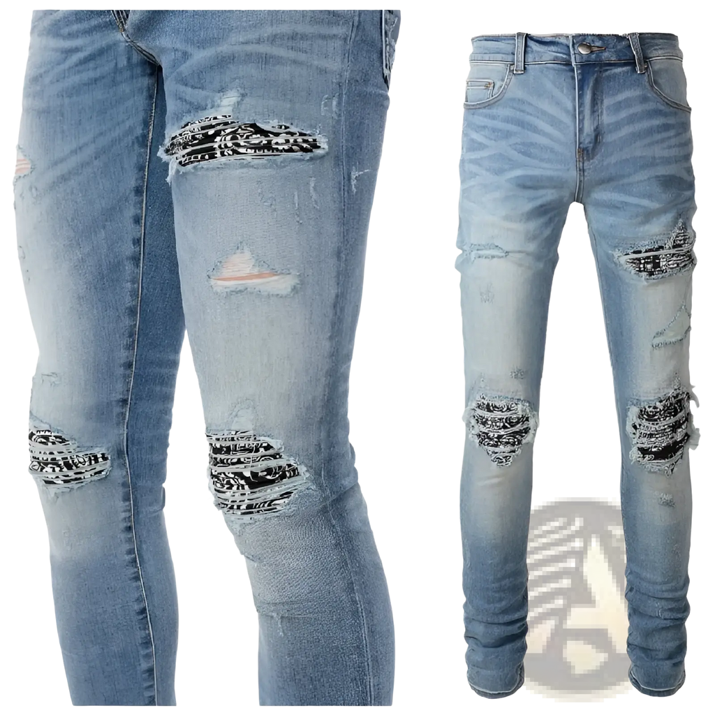 Men’s slim fit light-wash denim jeans with distressed ripped knees and black bandana patches sewn over tears