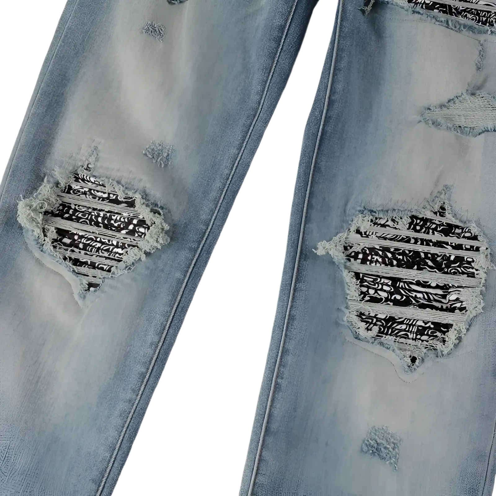 Men’s slim fit light wash denim jeans with distressed ripped knees and black and white bandana fabric inserts