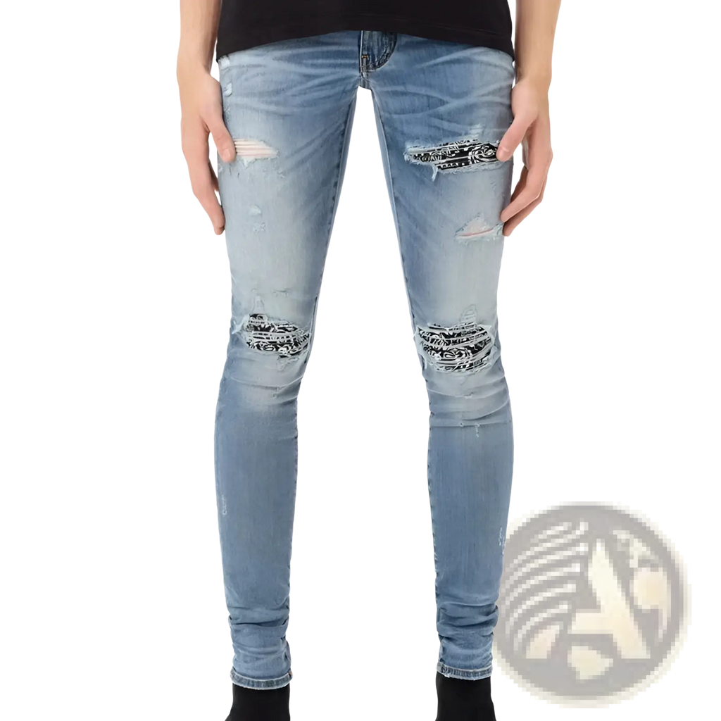 Men’s slim fit light wash denim jeans with distressed ripped knees and black bandana style decorative patches