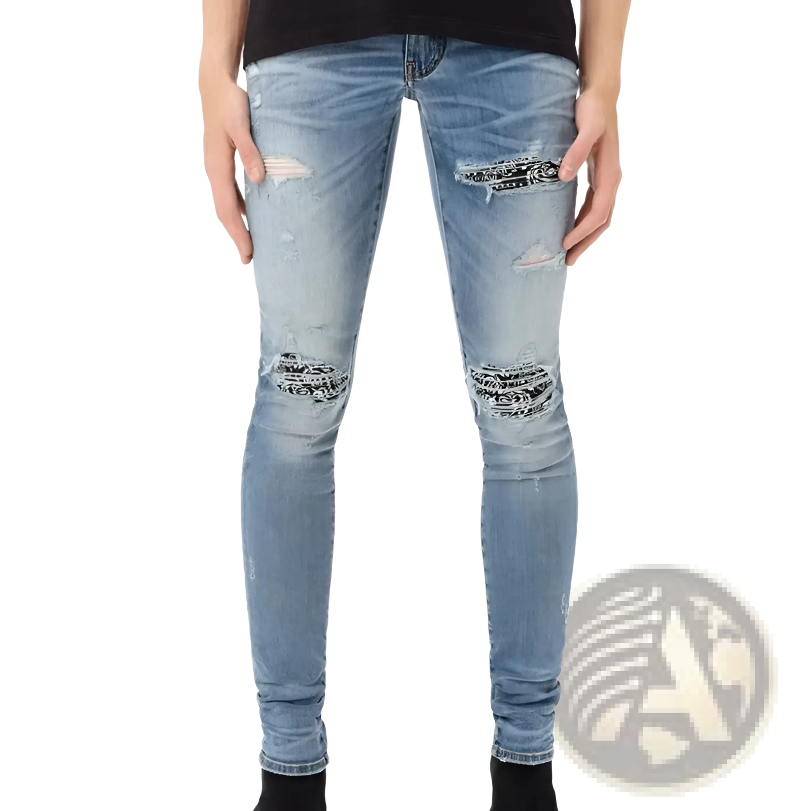 Men’s slim fit light wash denim jeans with distressed ripped knees and black bandana style decorative patches