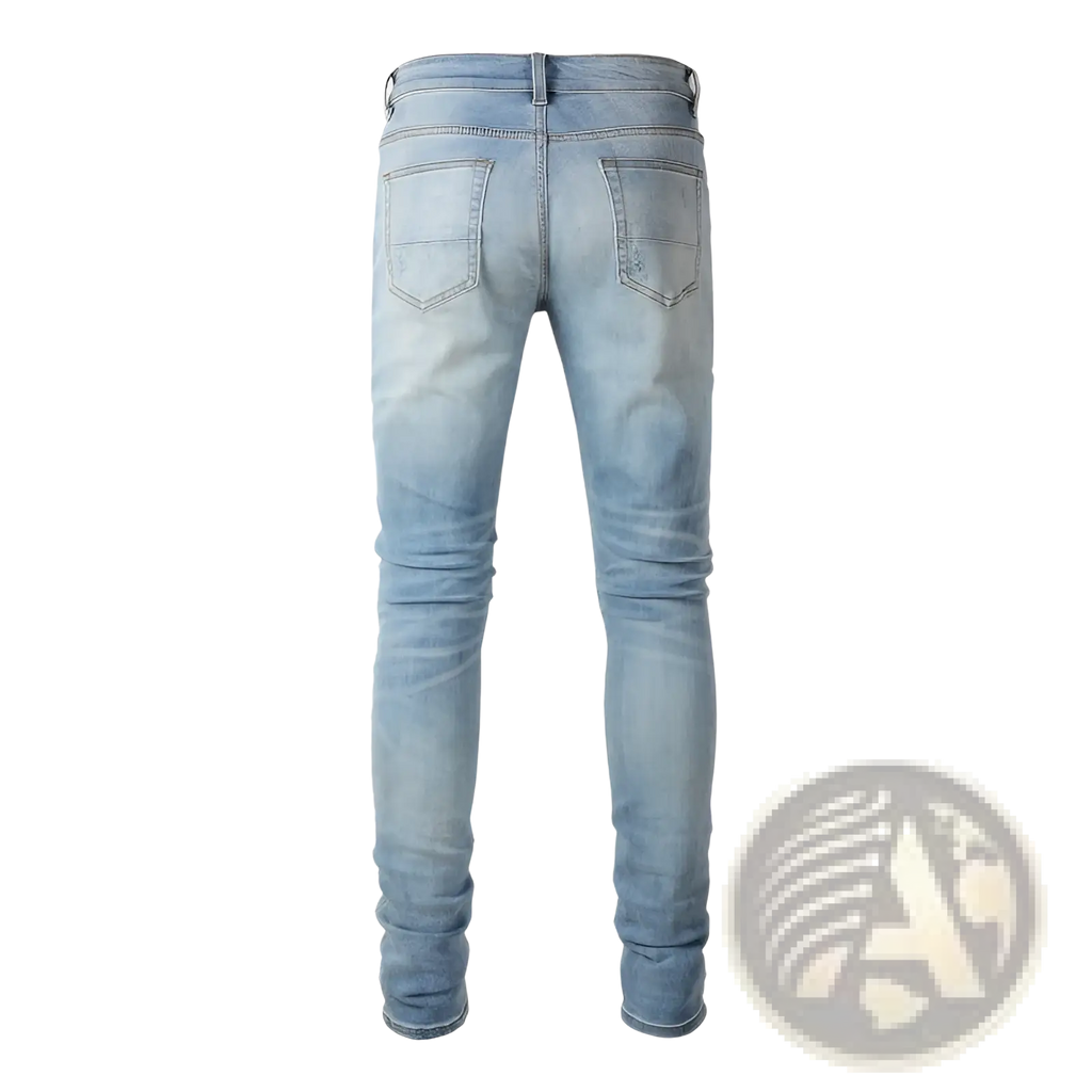 Men’s slim fit bandana patch light wash denim jeans with subtle fading for a casual modern look
