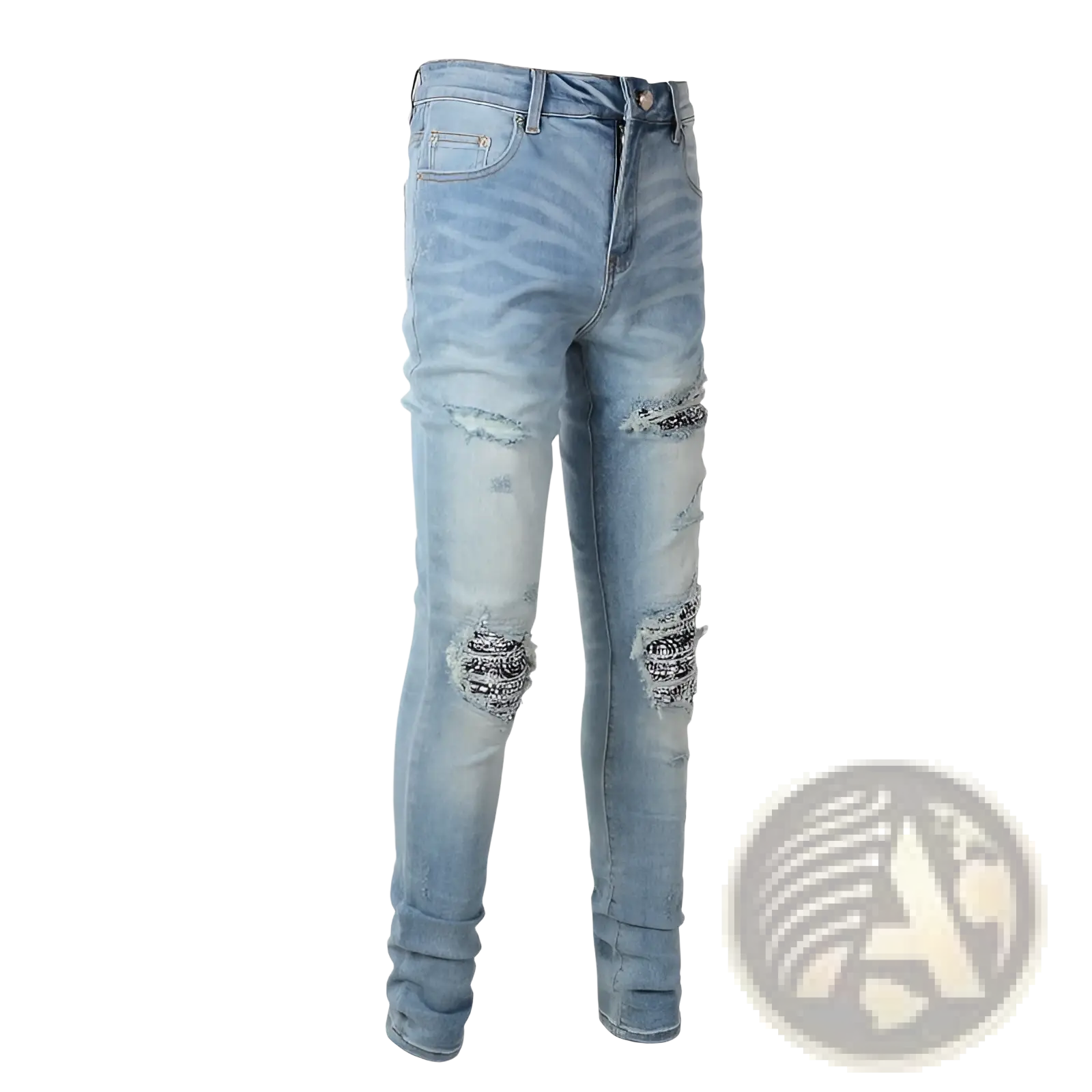 Men’s slim fit light wash denim jeans with distressed ripped knees and black bandana style embroidery patches