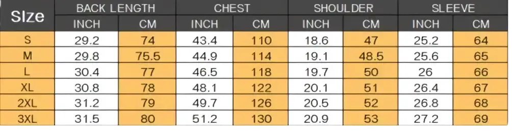 Size chart for men’s slim fit blazer jacket suit coat showing measurements in inches and centimeters from s to 3xl