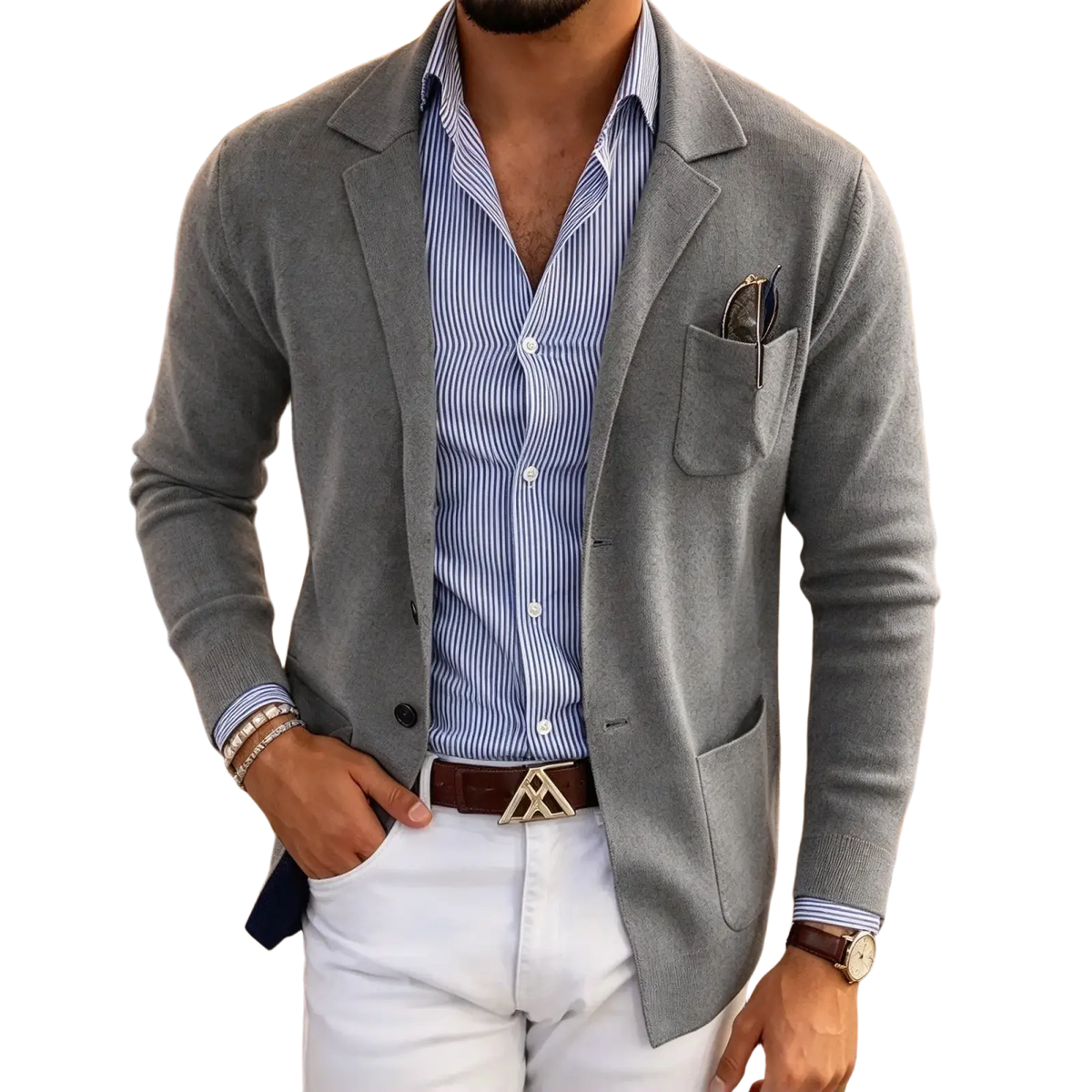 Men’s slim fit gray knit blazer jacket with subtle texture and structured lapels worn over striped shirt