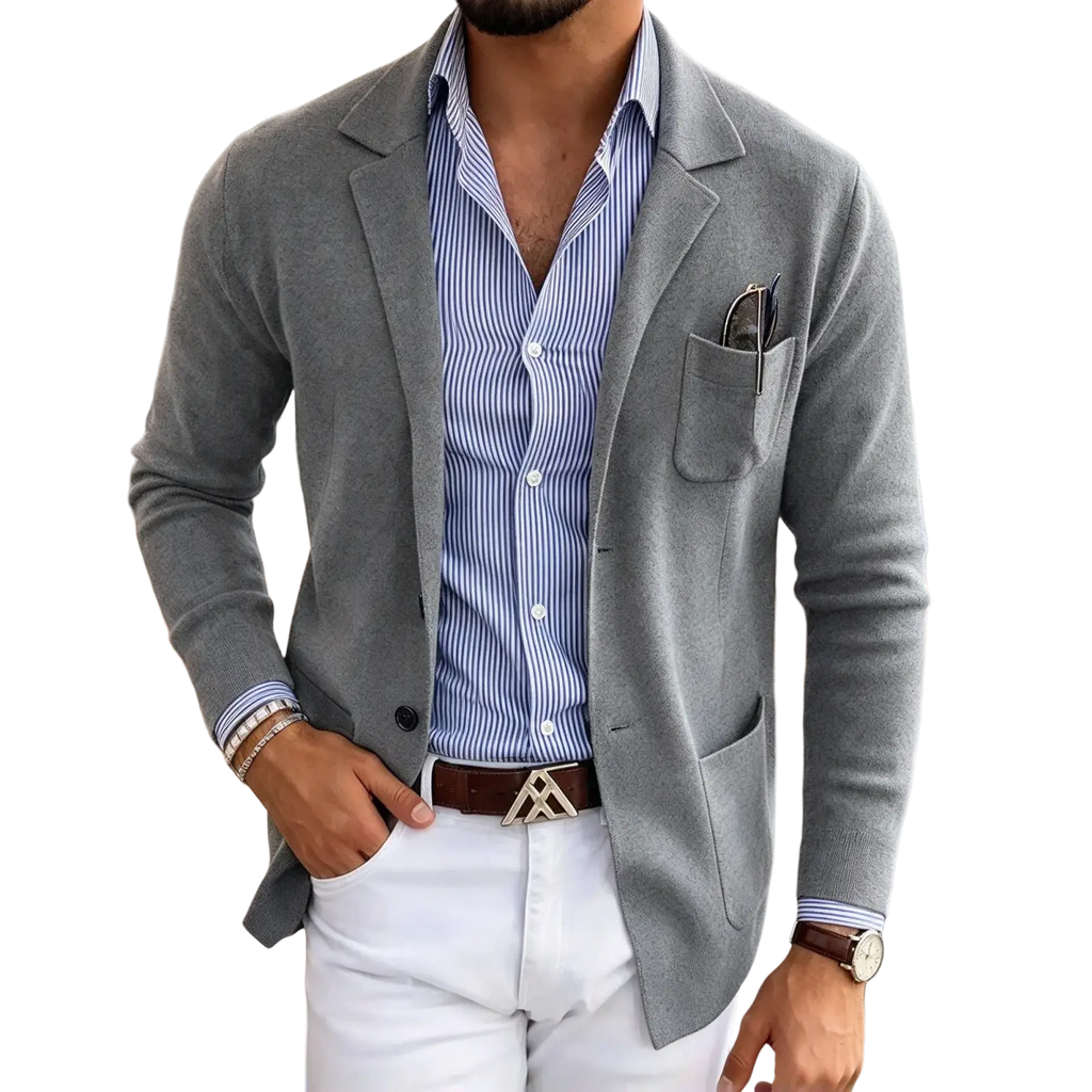 Gray slim fit blazer jacket with subtle texture and structured lapels worn over blue white striped shirt suit coat