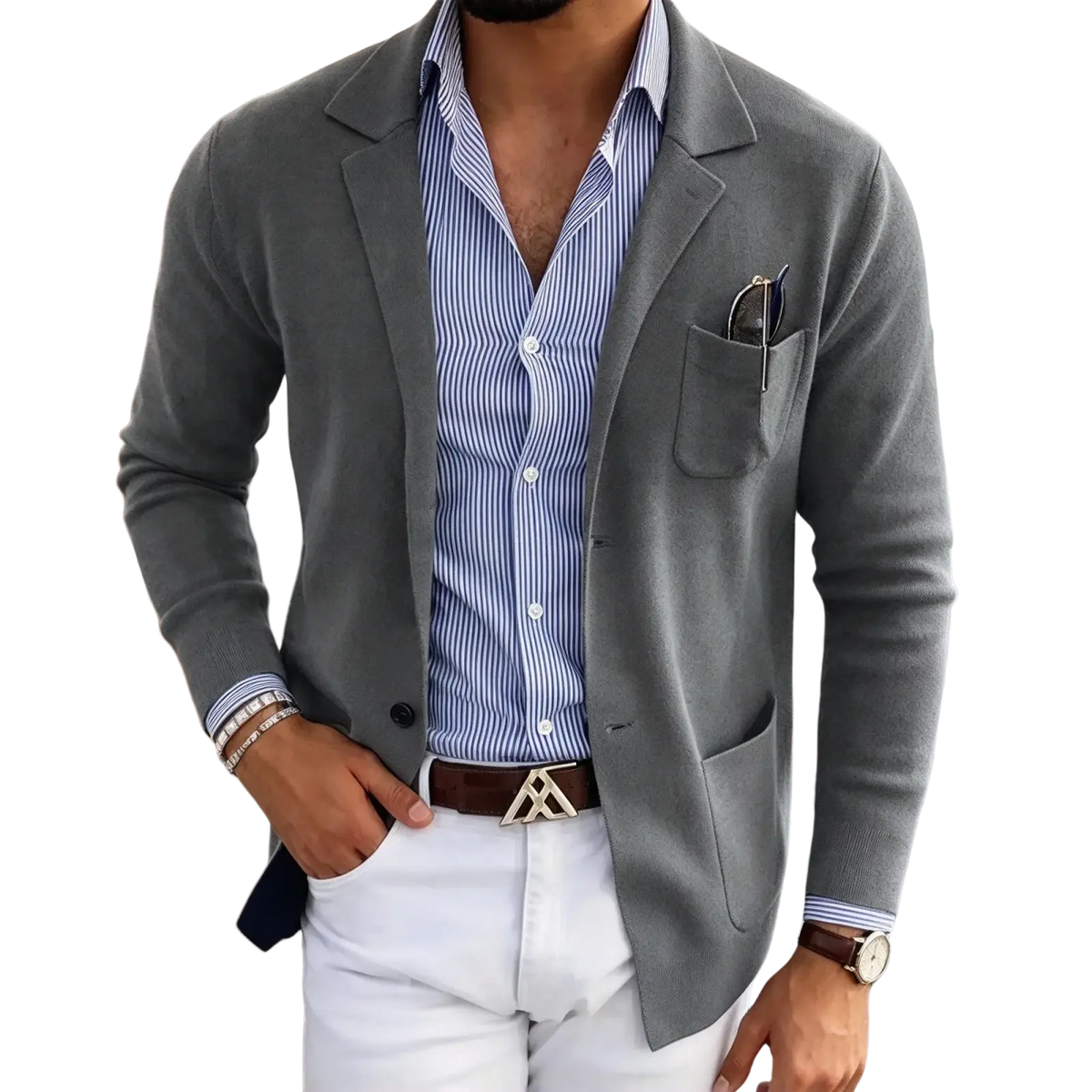Gray textured knit slim fit blazer jacket with notched lapels and single-breasted design suit coat for men