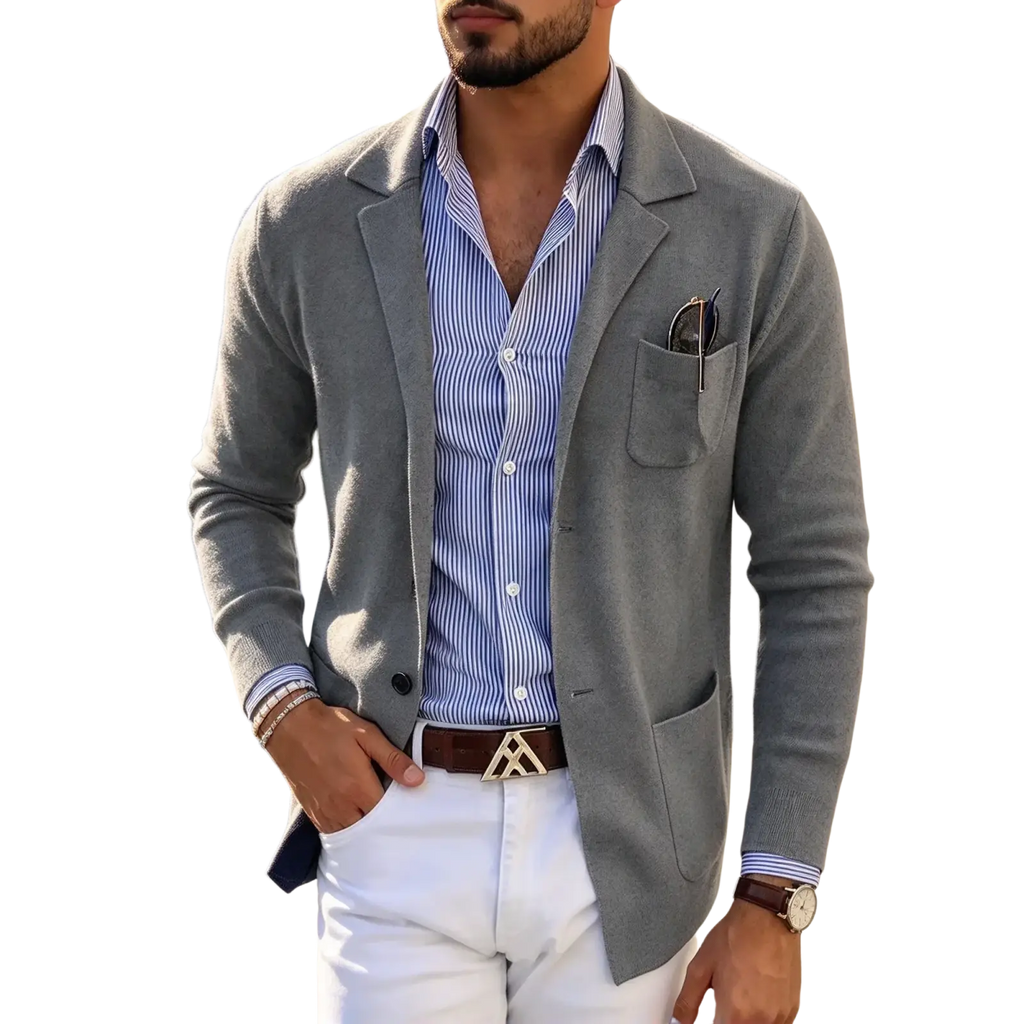 Gray textured knit slim fit blazer jacket with notched lapels and single-breasted solid suit coat design