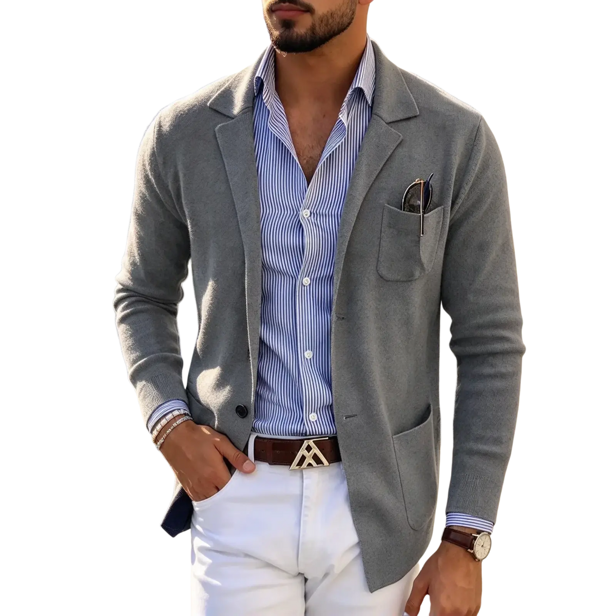 Gray textured knit slim fit blazer jacket with notched lapels and single-breasted solid suit coat design