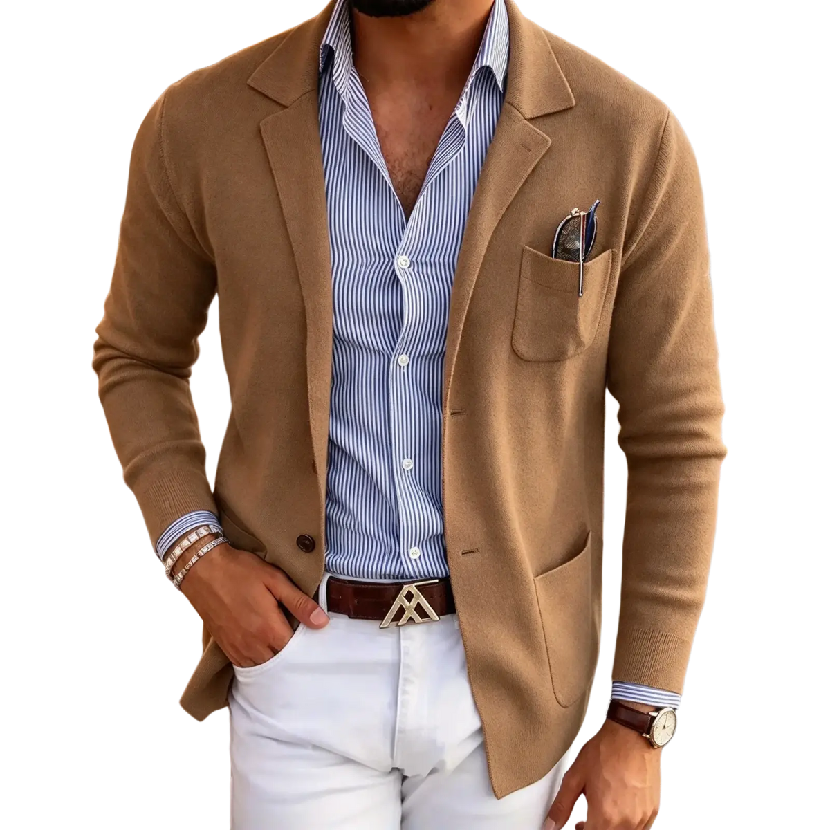Tan wool slim fit blazer jacket with notched lapels and pocket holding sunglasses solid suit coat for men