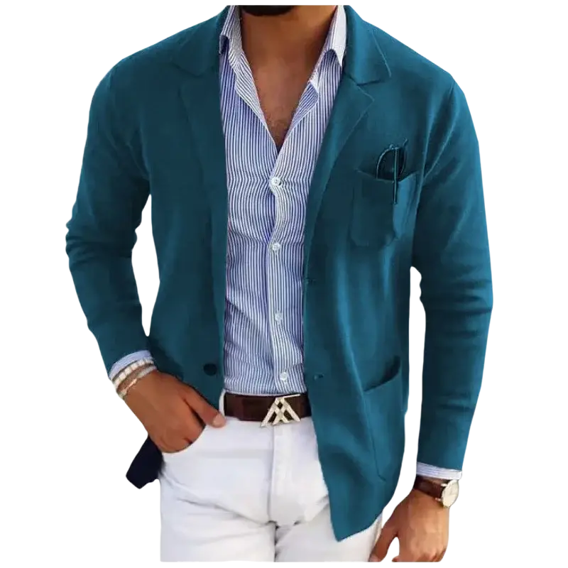Teal slim fit blazer jacket with textured fabric and notched lapel design men’s solid suit coat