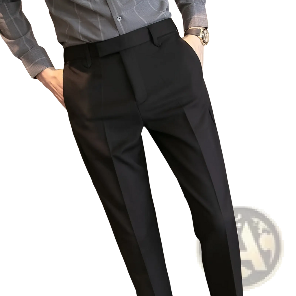 Men’s slim fit british style tailored black trousers with sleek modern cut and subtle pleats in straight leg design