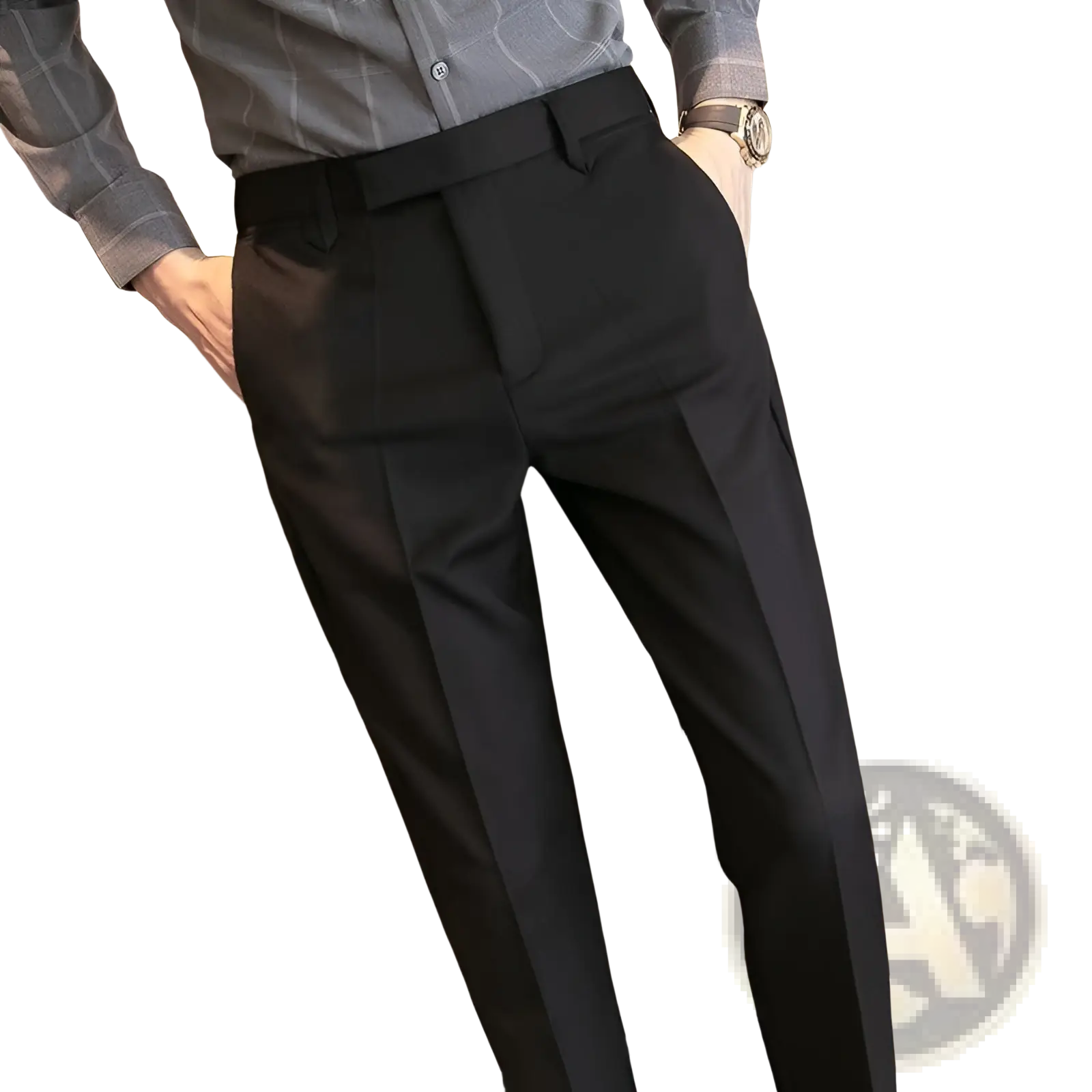 Men’s slim fit british style tailored black trousers with sleek modern cut and subtle pleats in straight leg design