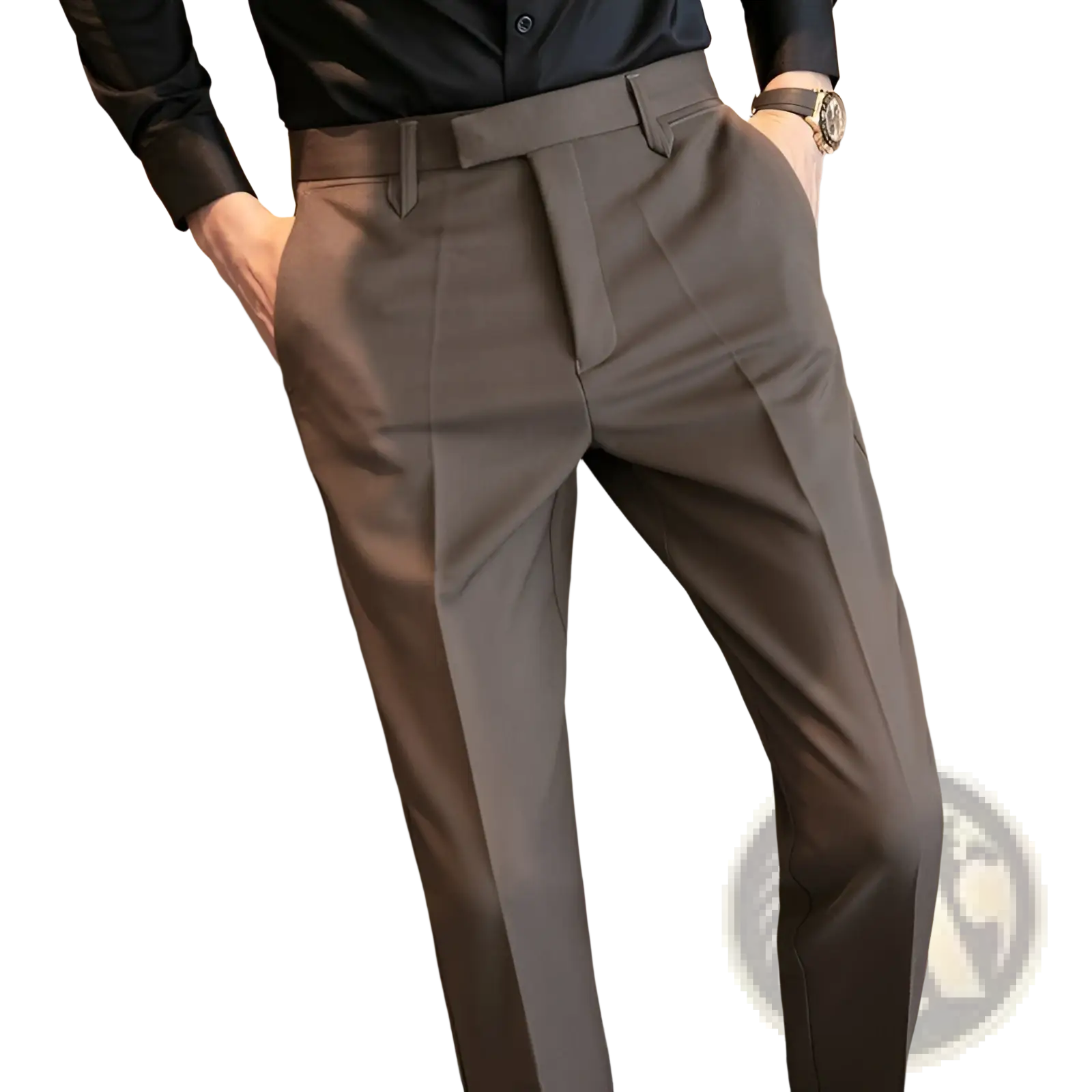 A pair of men’s slim fit British style tailored straight leg trousers in sleek charcoal gray fabric with clean creases