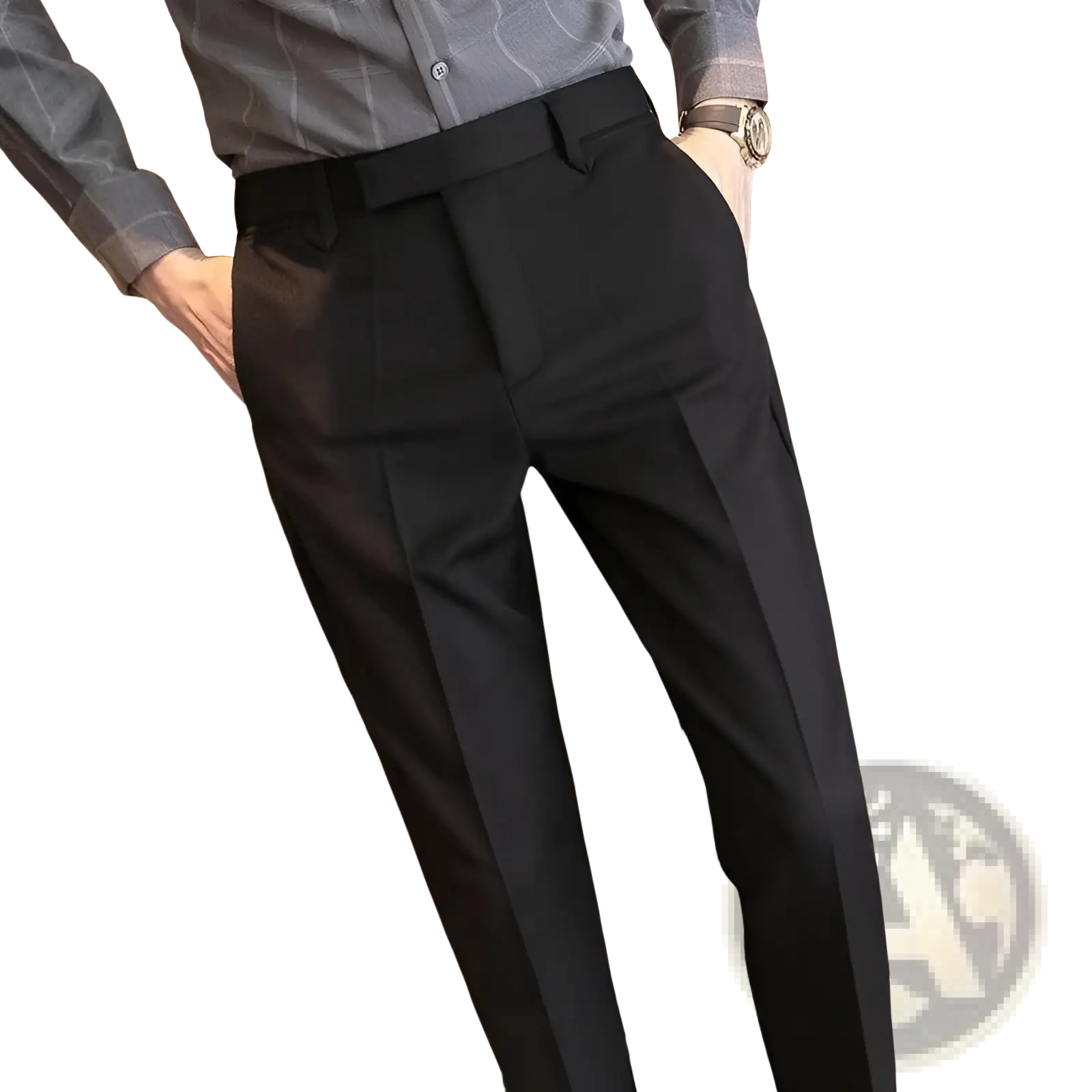 Black slim fit tailored trousers with modern cut and subtle pleats in british style straight leg design