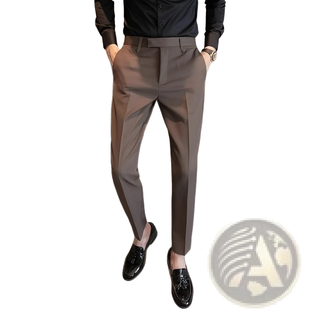 Men’s dark brown slim fit tailored trousers with modern cut and subtle waist pleats for british style elegance