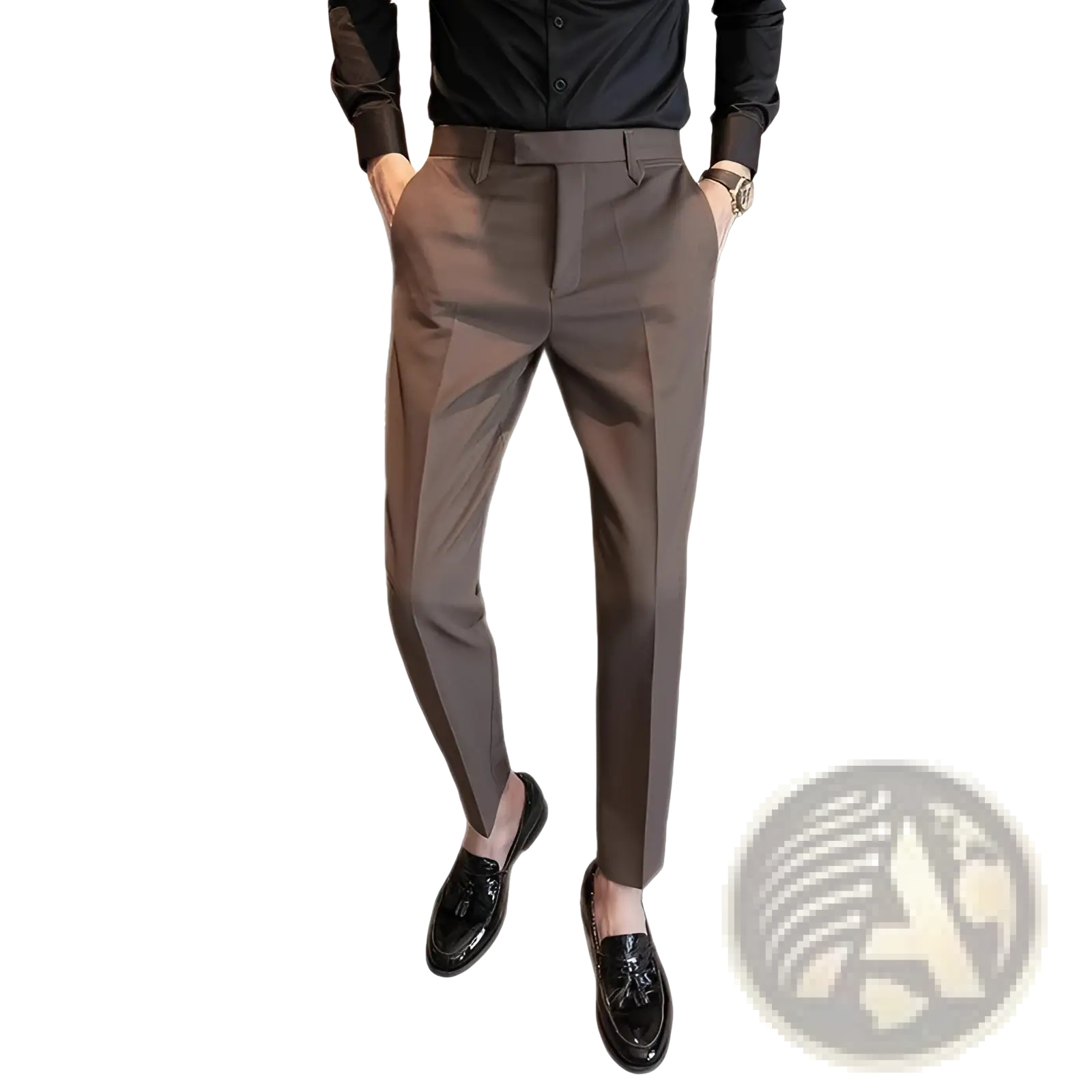 Men’s dark brown slim fit tailored trousers with modern cut and subtle waist pleats for british style elegance
