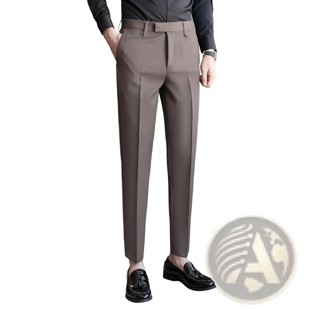 Men slim fit british style tailored straight leg trousers in sleek taupe with subtle pleats and structured waistband
