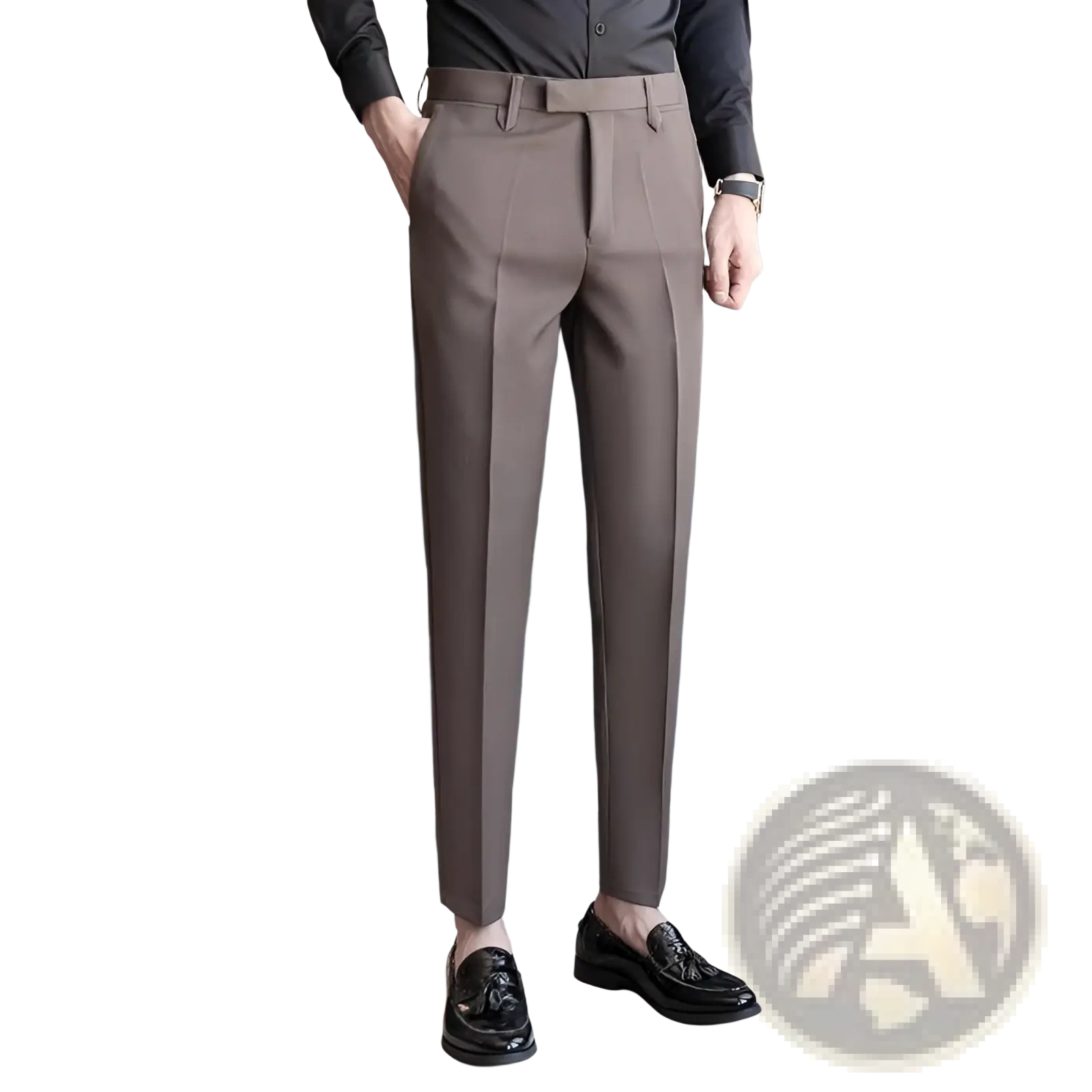Men slim fit british style tailored straight leg trousers in sleek taupe with subtle pleats and structured waistband