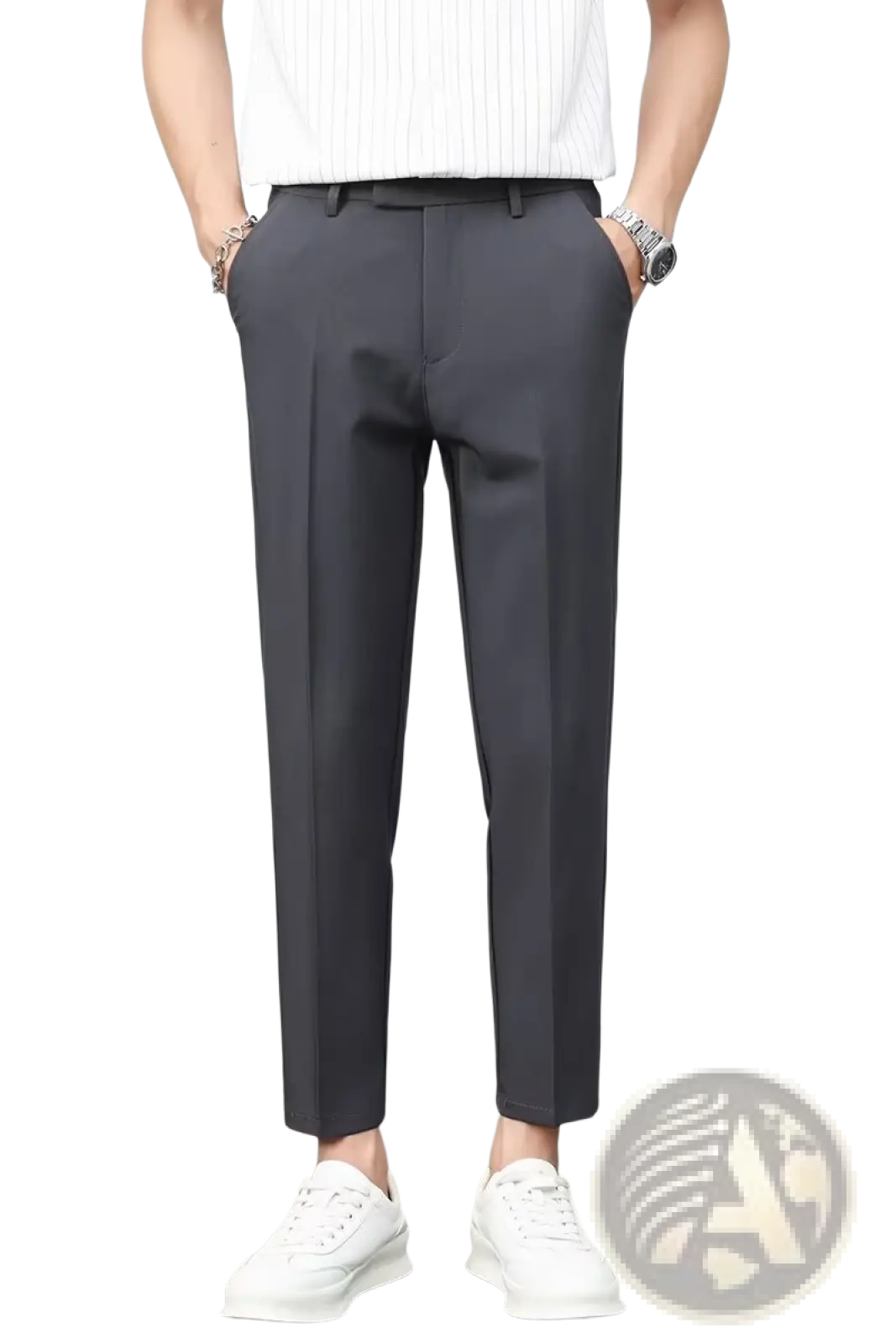 Men’s slim fit british style tailored straight leg trousers in dark gray with a modern cut and subtle pleats