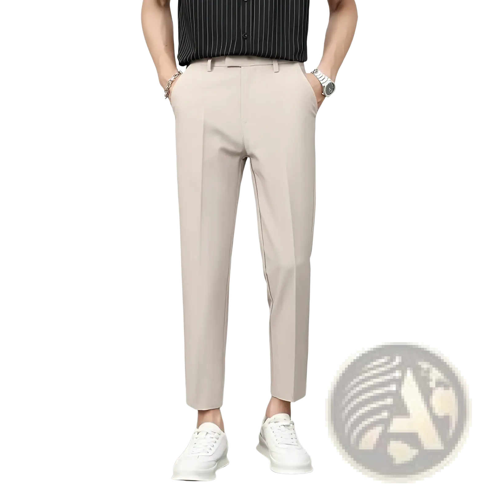 Beige slim-fit British style tailored straight leg trousers with a clean modern cut and subtle vertical pleats