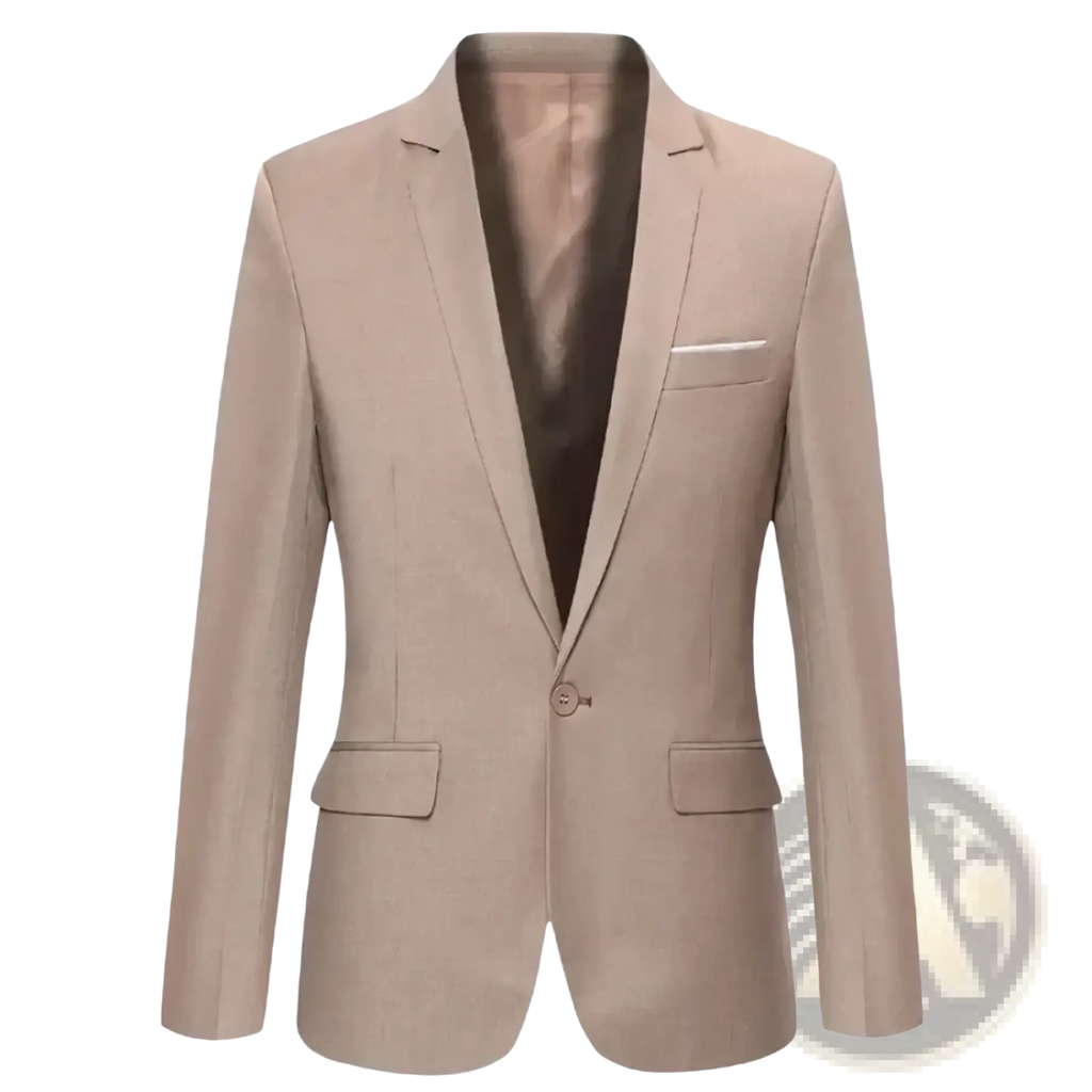 Beige btsukimi men’s slim fit business casual blazer jacket with single button closure and two flap pockets
