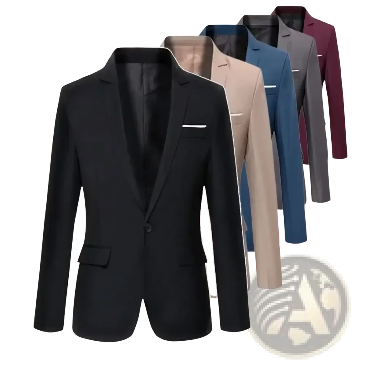 Men’s slim fit black btsukimi blazer jacket with single button closure and contrast white pocket square for business casual