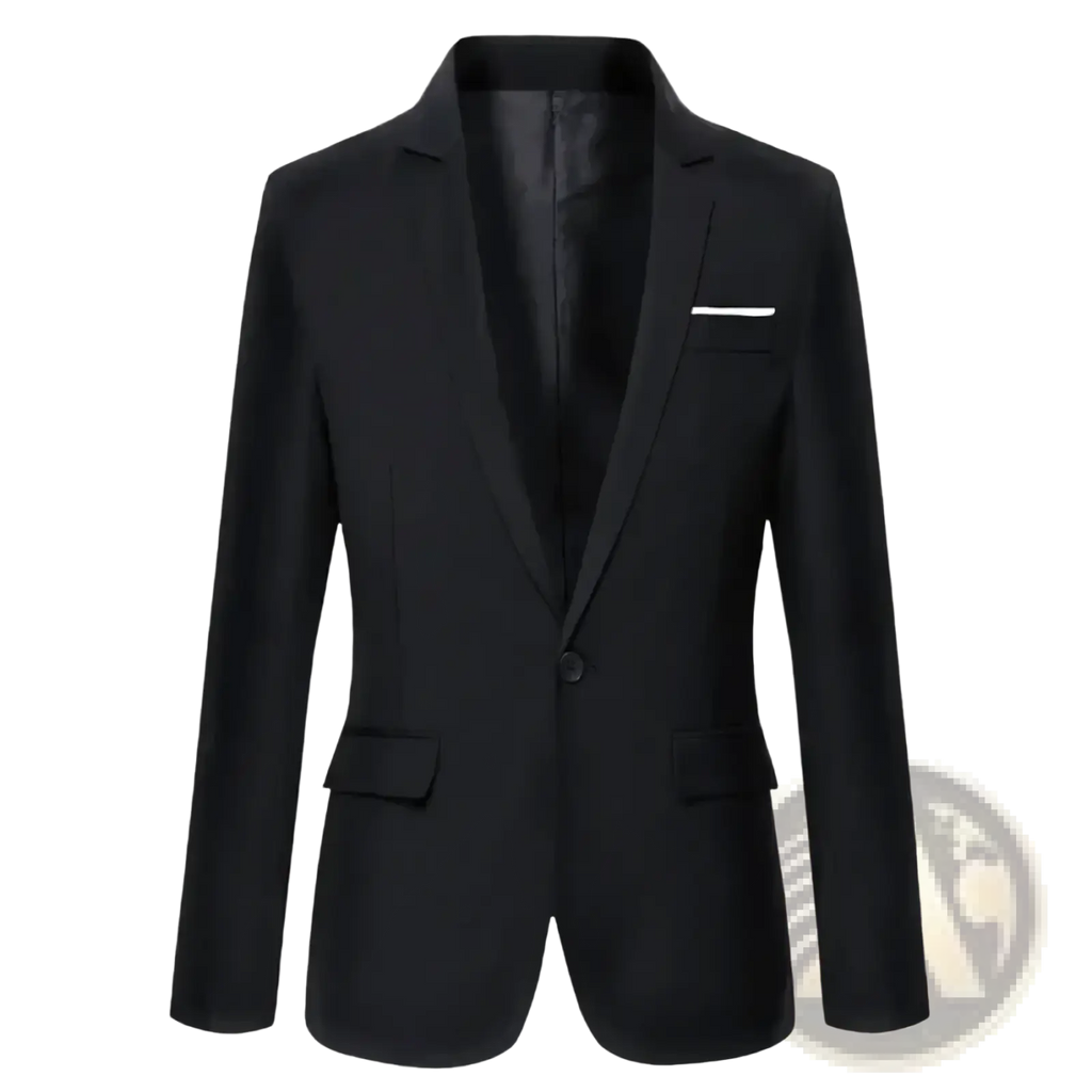 Men’s slim fit black btsukimi blazer with single button closure and white pocket square for business casual wear