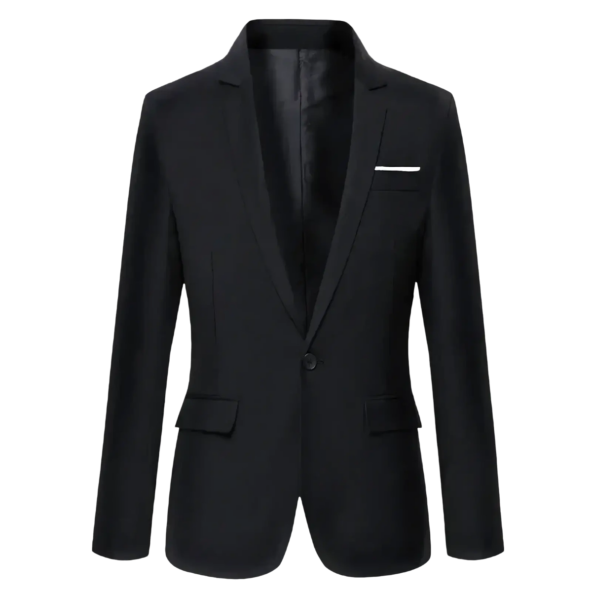 Men’s slim fit black tailored blazer jacket with single button closure notched lapels and flap pockets for business casual wear