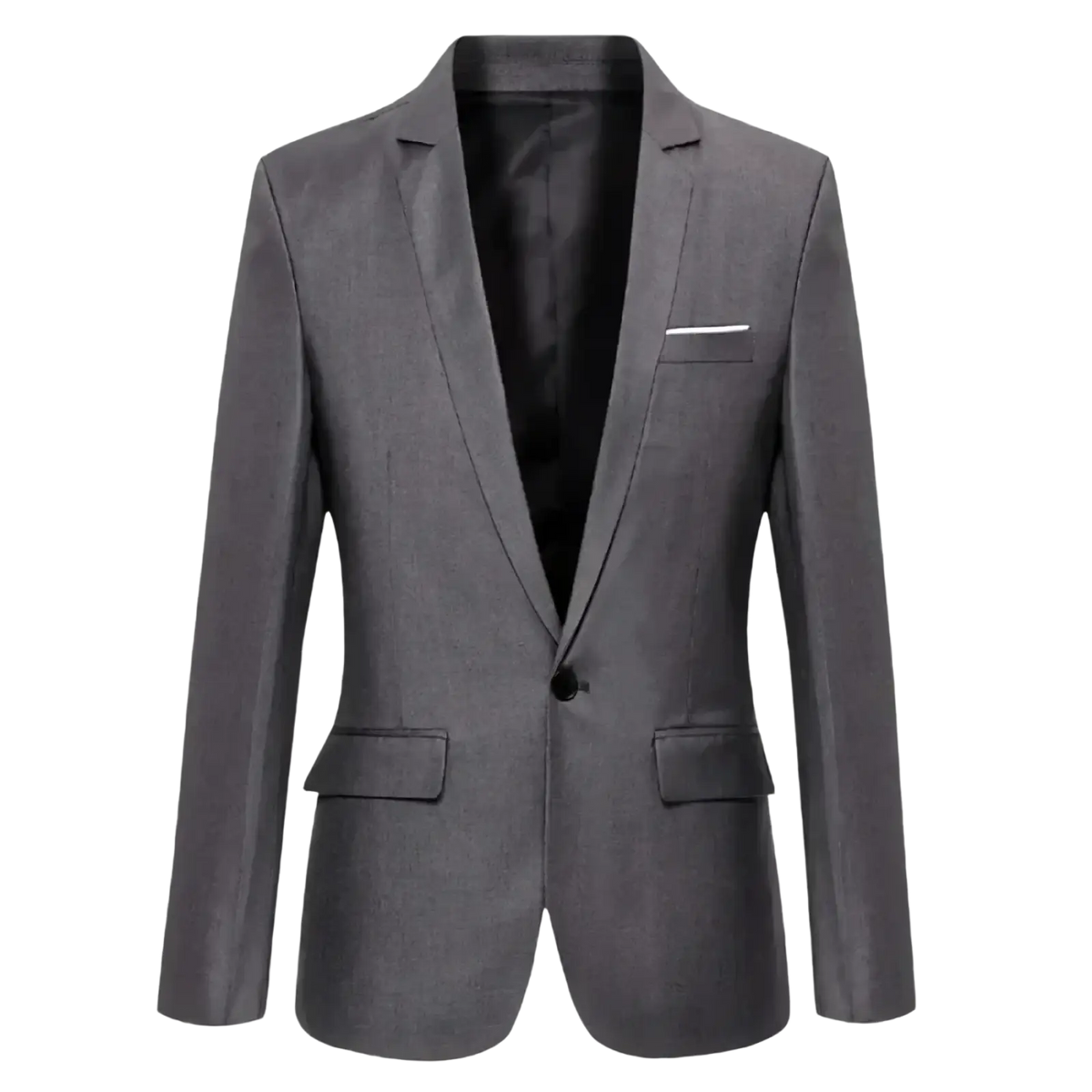 Men’s slim fit business casual blazer jacket in gray textured fabric with black inner lining and white pocket square