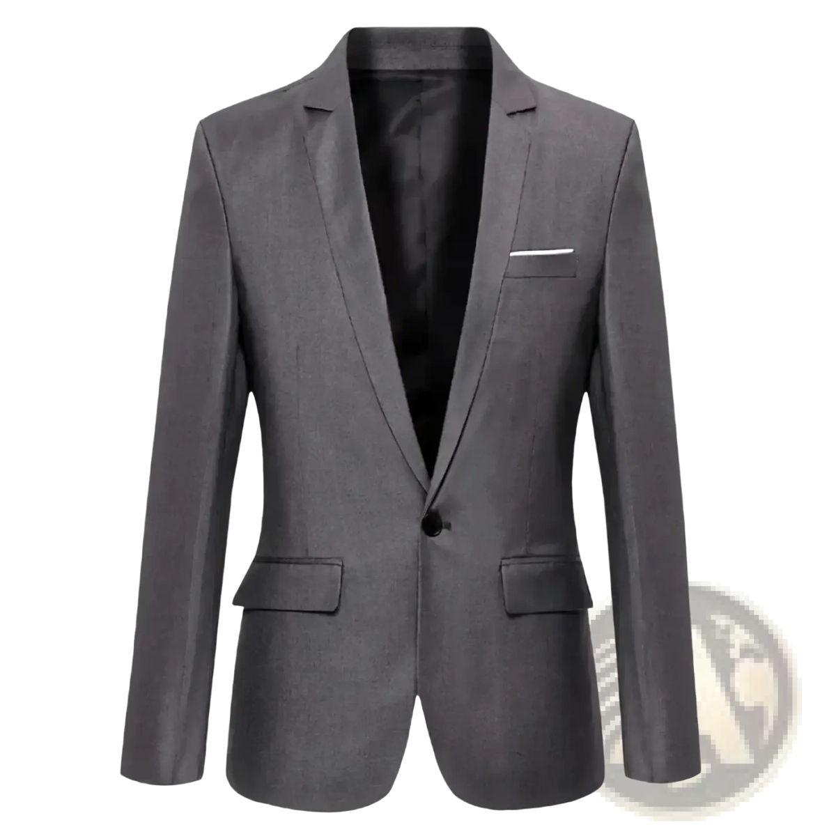 Men’s slim fit business casual blazer jacket in gray textured fabric with black inner lining and white pocket square