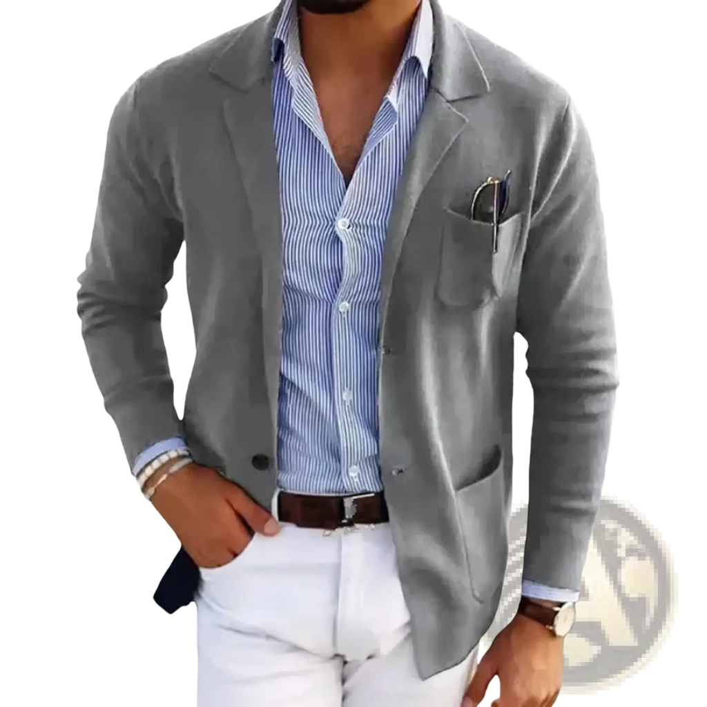 Men’s slim fit gray textured blazer with subtle sheen notched lapels single-breasted design for business casual wear