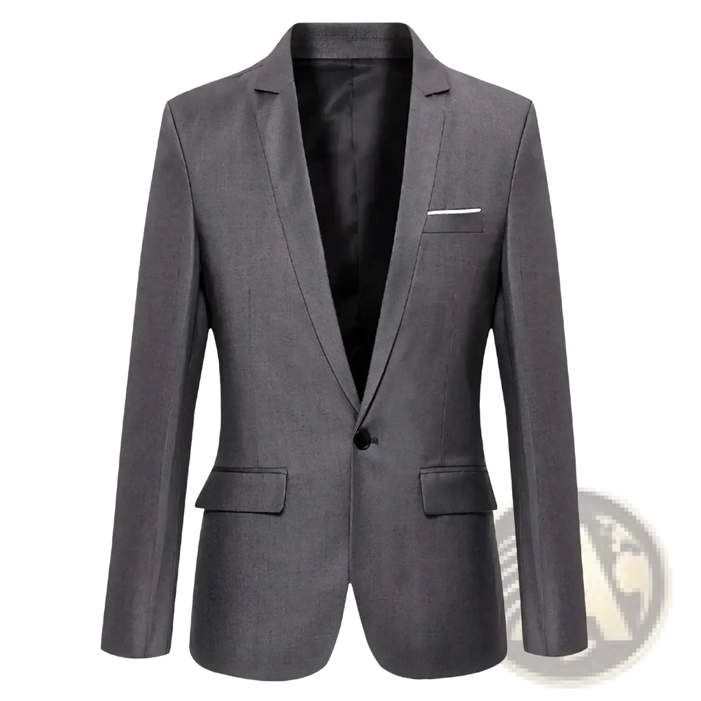 Men’s slim fit business casual blazer jacket in sleek charcoal gray with subtle textured weave and black inner lining