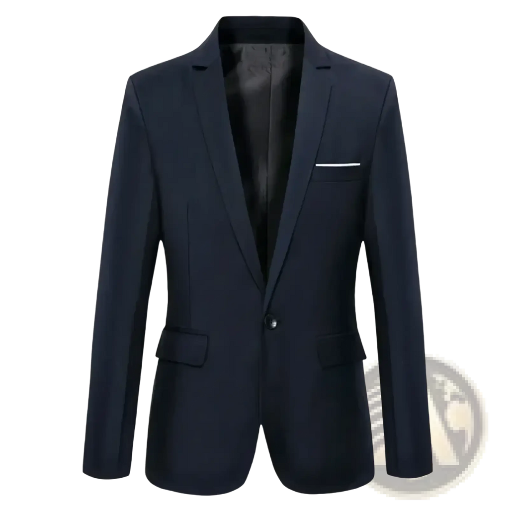 Men’s slim fit business casual blazer jacket in navy blue with subtle sheen and contrasting white pocket square
