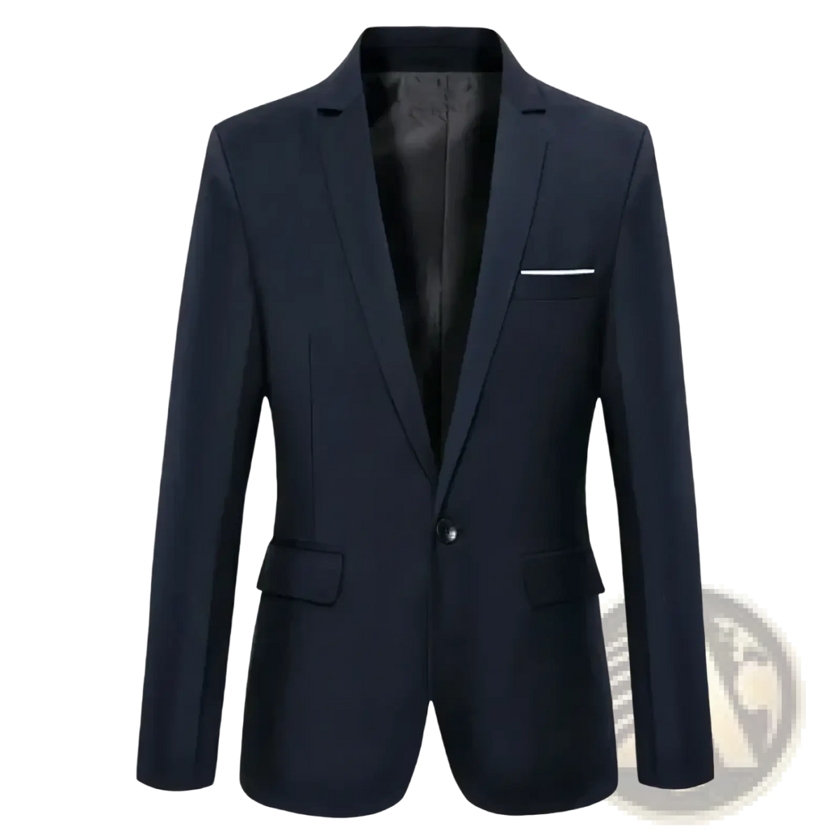 Men’s slim fit business casual blazer jacket in navy blue with subtle sheen and contrasting white pocket square