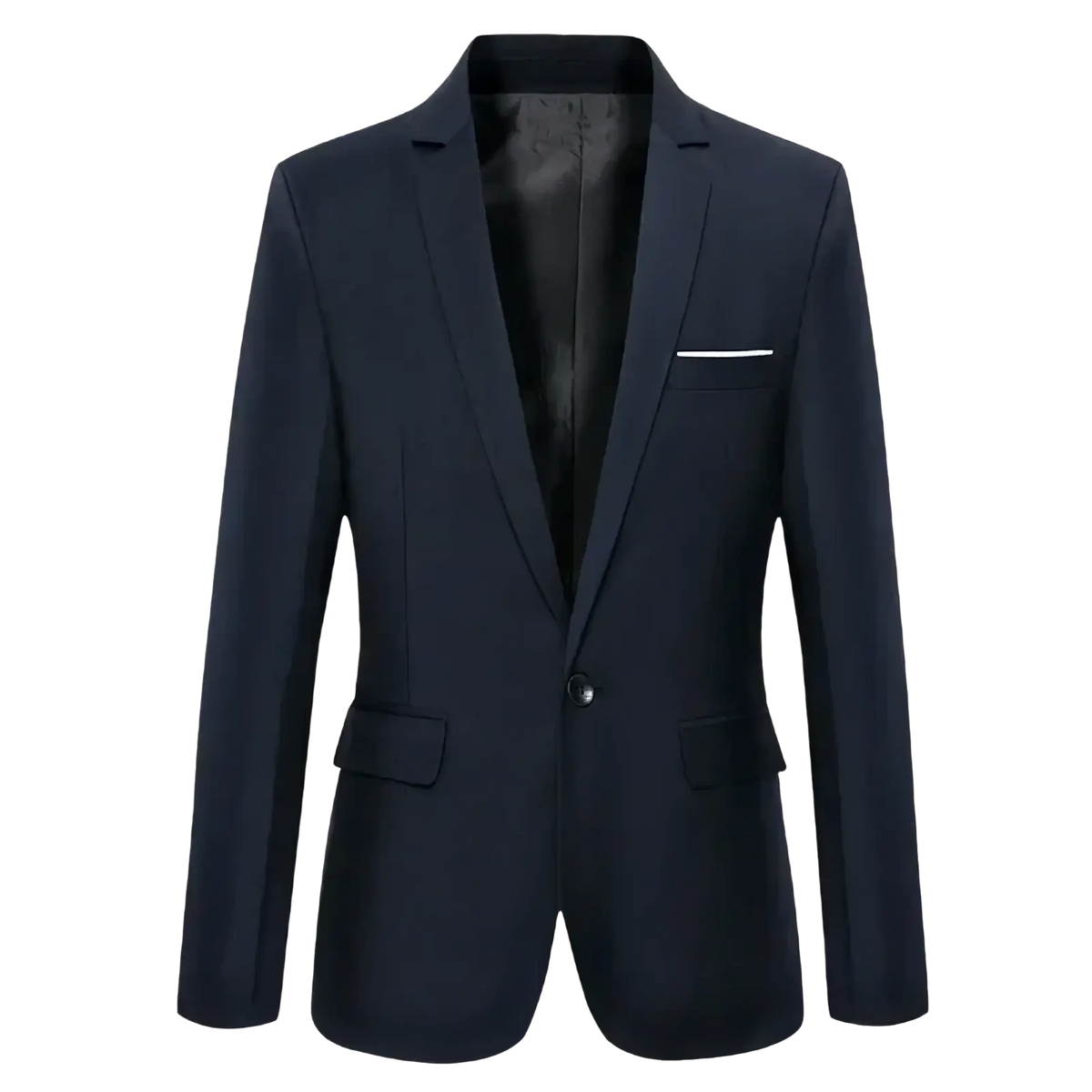 Men’s slim fit business casual blazer jacket in navy blue single-breasted design with white-trimmed breast pocket and black lining