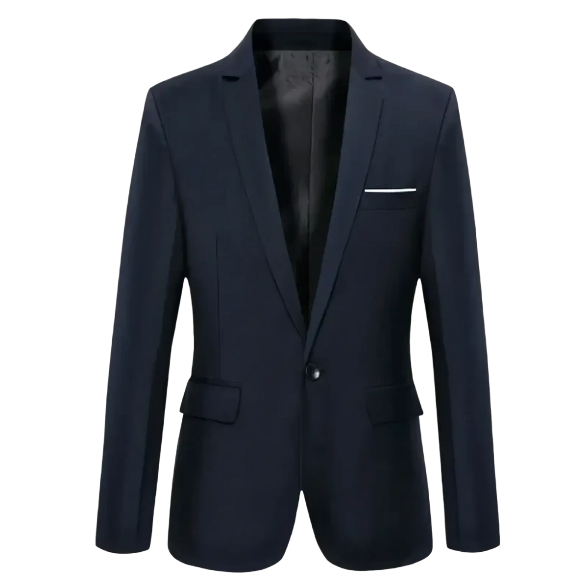 Men’s slim fit business casual blazer jacket in navy blue with subtle sheen and contrasting white pocket square