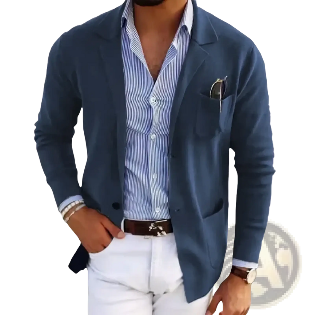 Navy blue textured slim fit men’s blazer jacket with subtle sheen single-breasted design and buttoned cuffs holding sunglasses