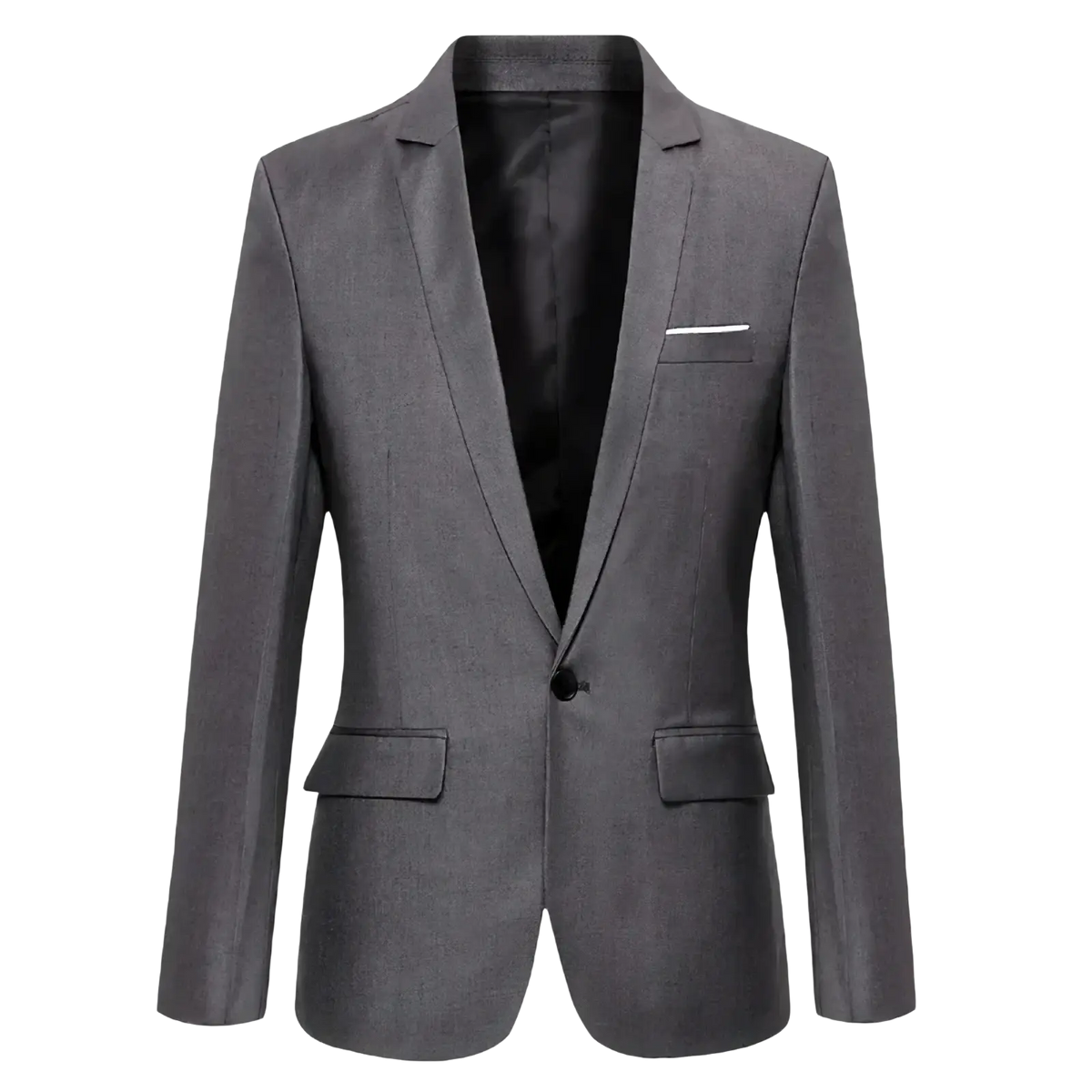 Men’s slim fit business casual blazer jacket in sleek charcoal gray with subtle textured weave and black inner lining