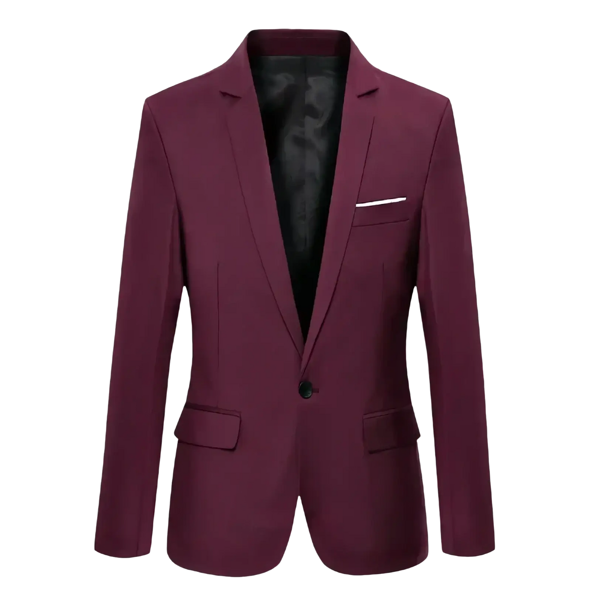 Men’s slim fit business casual maroon single-breasted blazer with black satin lining and subtle white pocket square